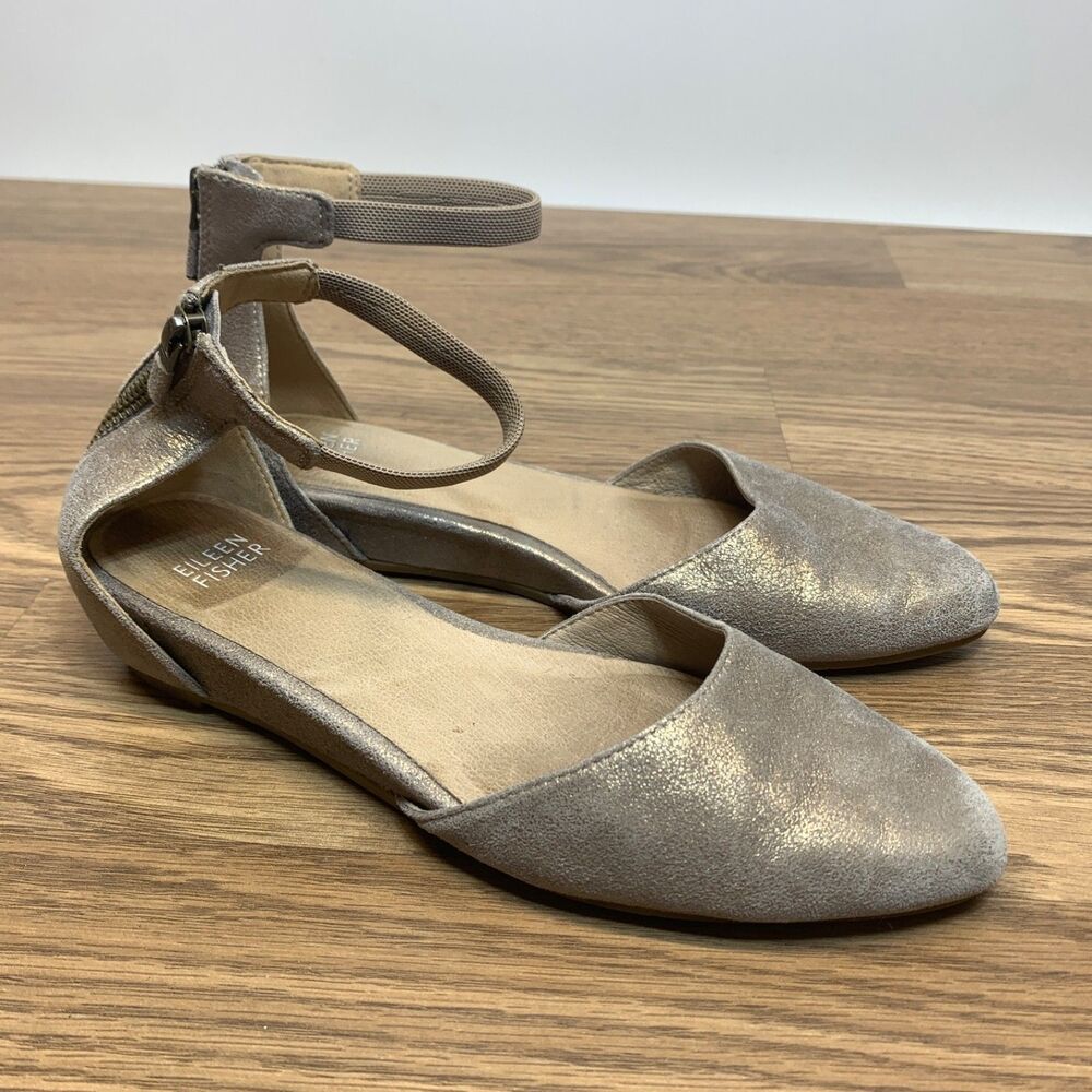 Eileen Fisher Lyton Suede Ankle Strap Flat‎ Sparkle Gold Sandal Women's 6.5